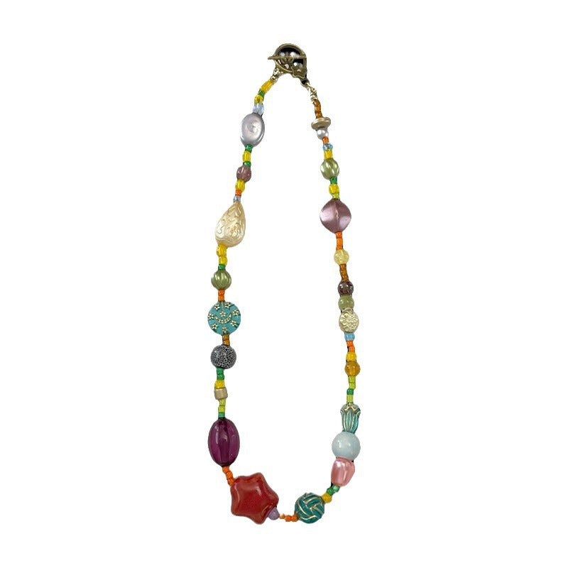Wholesale Star necklace colorful ethnic style dopamine glass beads Chinese retro clavicle chain